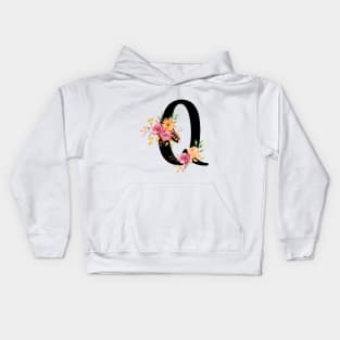 Letter Q With Watercolor Floral Wreath Kids Hoodie